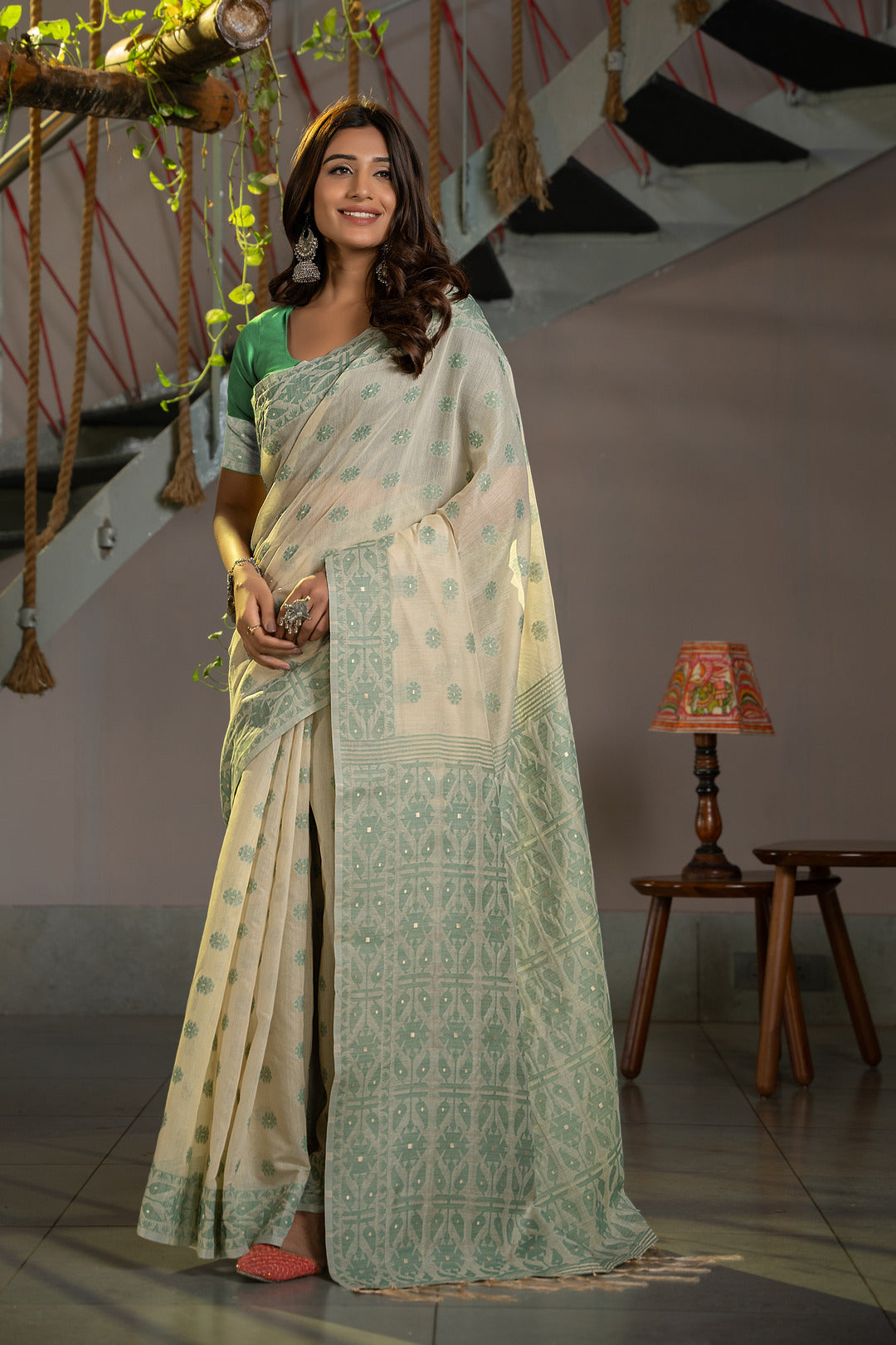 Dhiyona GR Women's Kusum Caledon Green Soft Cotton Jamdani Saree