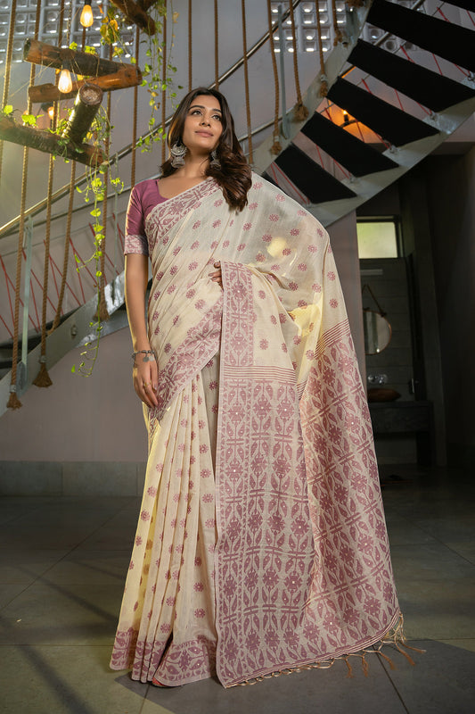 Dhiyona GR Women's Kusum Opera Mauve Soft Cotton Jamdani Saree