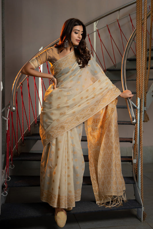 Dhiyona GR Women's Kusum Groundnut Mustard Yellow Soft Cotton Jamdani Saree