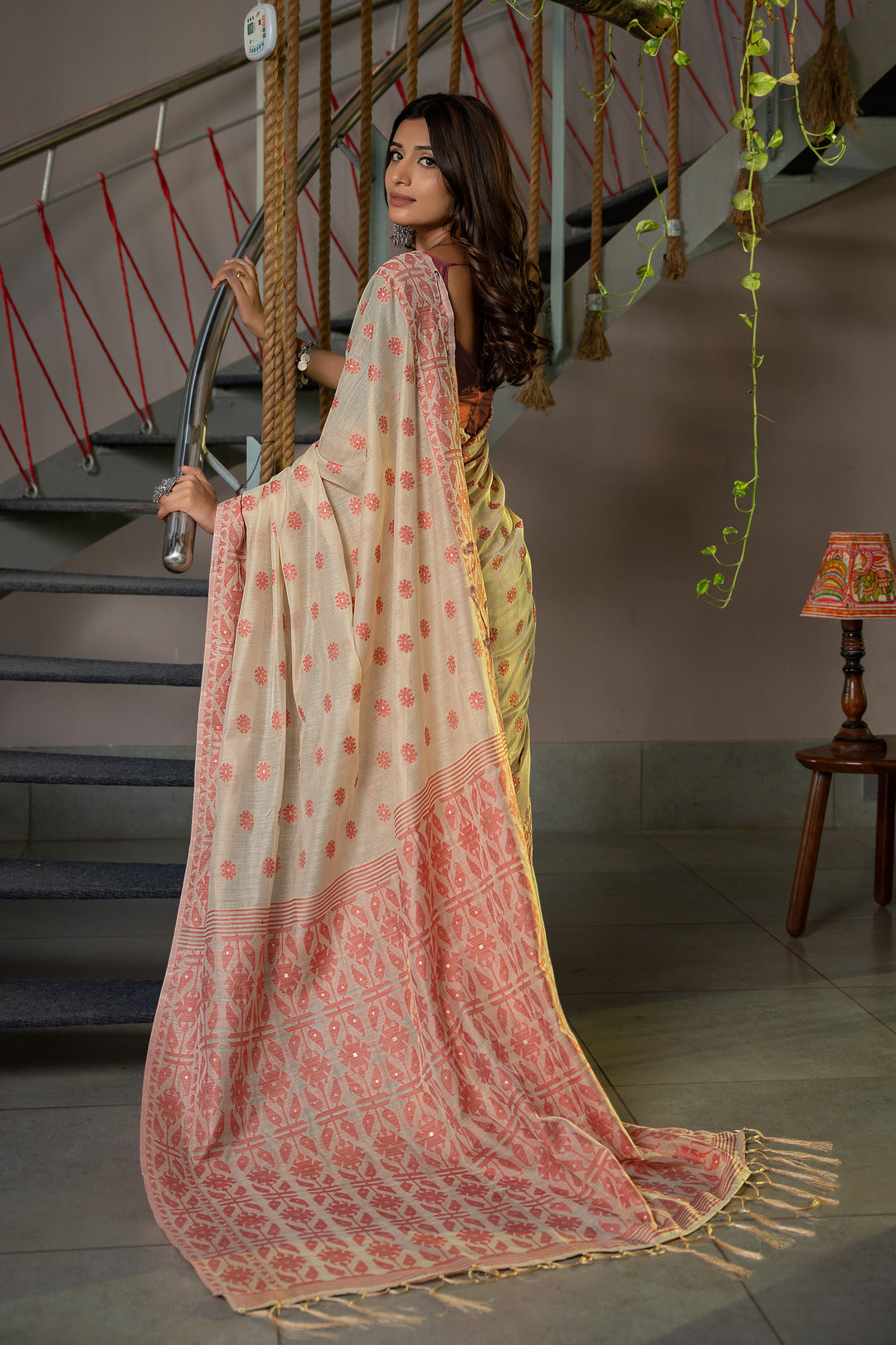 Dhiyona GR Women's Kusum Dusty Coral Pink Soft Cotton Jamdani Saree