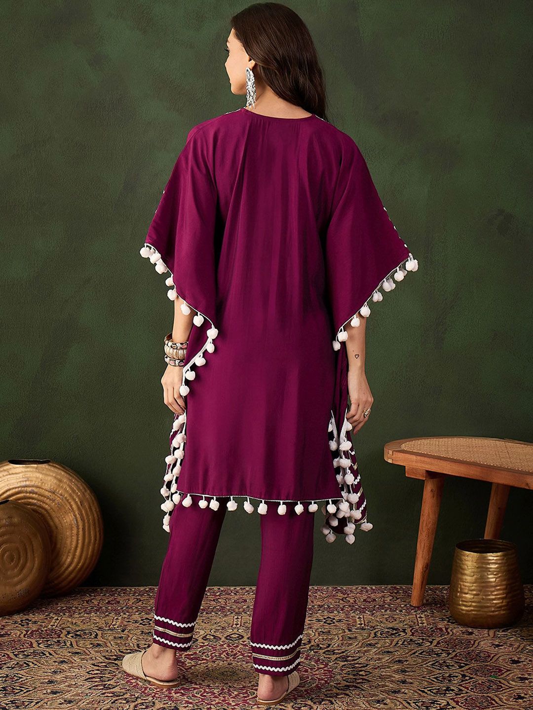 Dhiyona SN Women's Purple Geometric Embroidered Mirror Work Roman Silk Kurta With Trouser