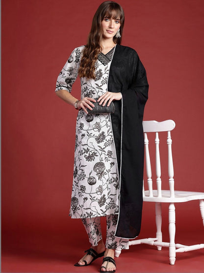 Women Floral Printed Regular Thread Work Pure Cotton Kurta with Trousers & With Dupatta