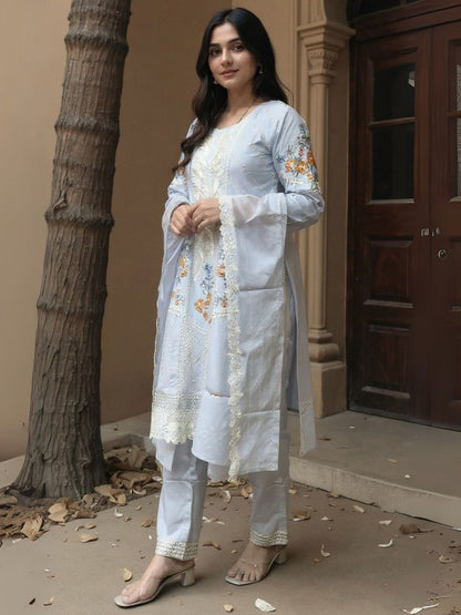 Floral Embroidered Thread Work Pure Cotton Kurta With Trousers & Dupatta