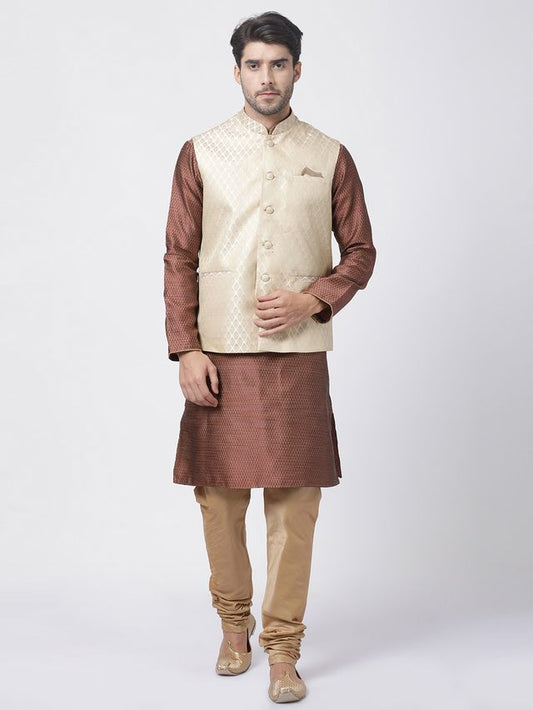 Men's Maroon Silk Blend Straight Jacket  Kurta and Pyjama Set