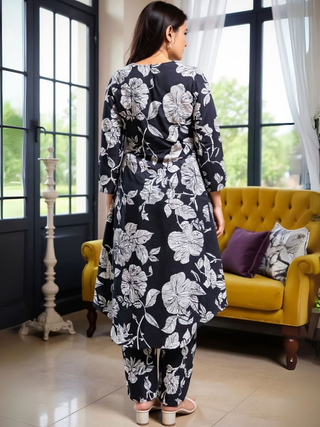 Floral Printed Pure Cotton A Line Kurta With Trousers