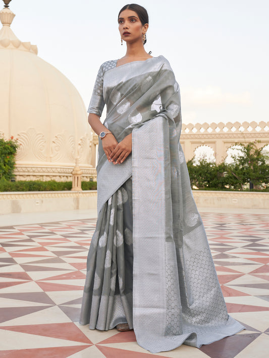 Women's Pure Linen Grey Woven Design Woven saree With Blouse Piece