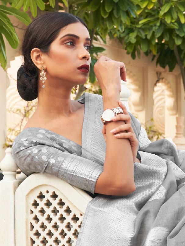 Women's Pure Linen Grey Woven Design Woven saree With Blouse Piece