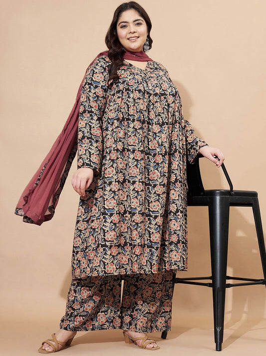 Dhiyona KL Floral Printed Pure Cotton A-line Kurta With Palazzos & Dupatta