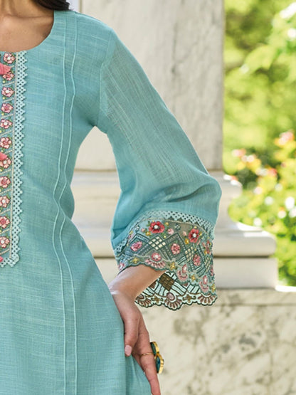 Dhiyona IE Women Floral Yoke Design Regular Thread Work Linen Kurta with Trousers & With Dupatta