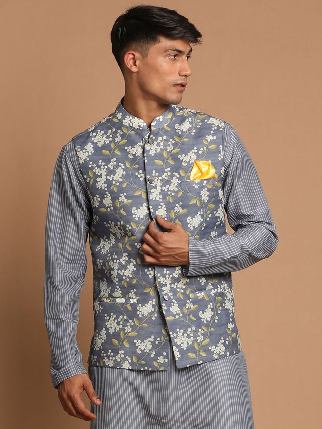 Men's Grey Cotton Blend Straight Nehru Jacket