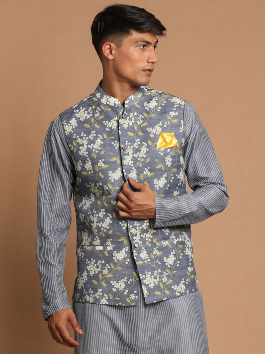 Men's Grey Cotton Blend Straight Nehru Jacket