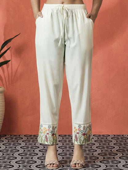 Dhiyona SN Women's Floral Embroidered V-Neck Sequinned Cotton Straight Kurta With Trouser & Dupatta