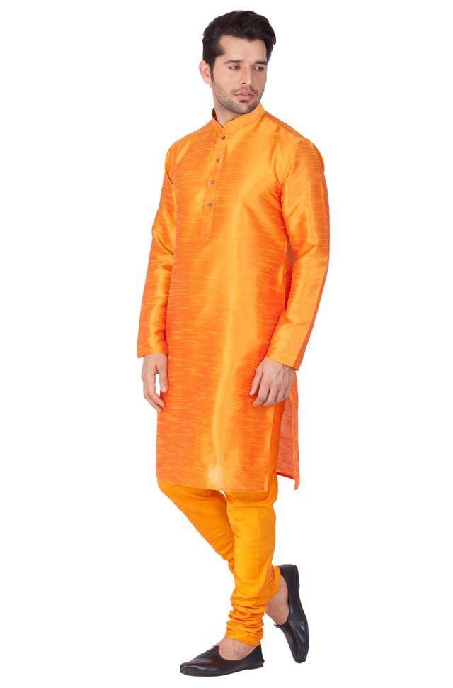 Men's Orange Silk Blend Straight Kurta Pyjama Set