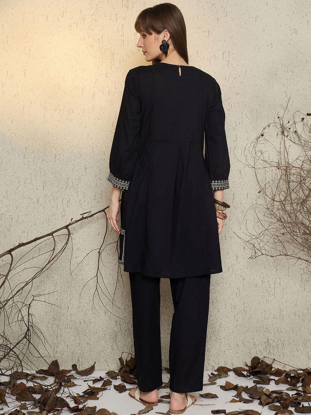 Dhiyona IE Women Embroidered Round Neck Cotton Top and Trousers Co-Ords