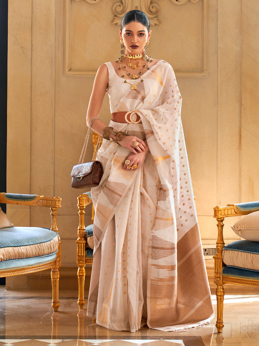 Women's Tissue Cream Woven Design Designer Saree With Blouse Piece