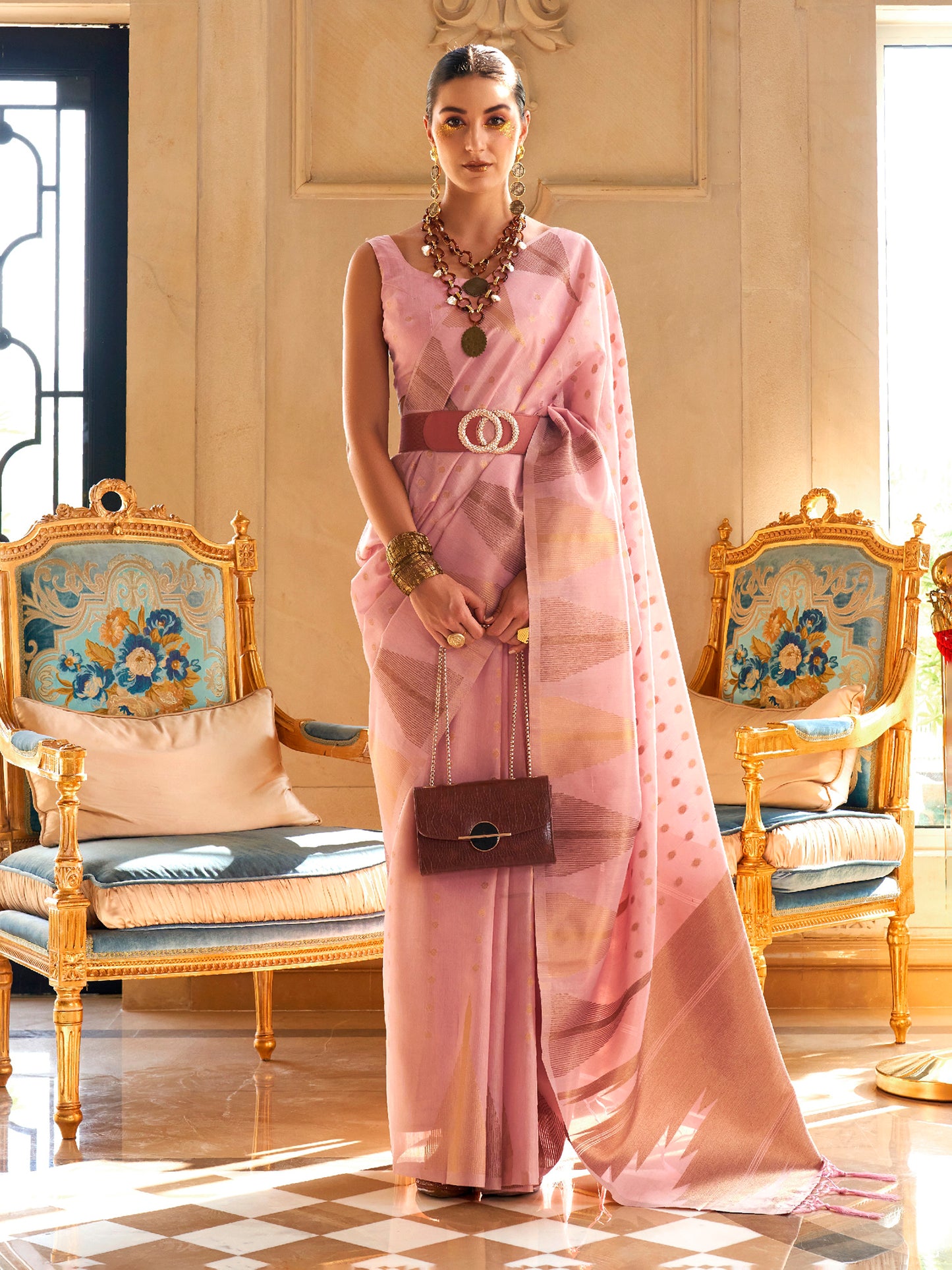 Women's Tissue Mauve Woven Design Designer Saree With Blouse Piece