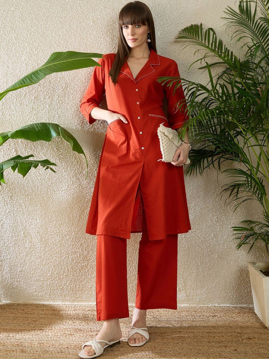 Dhiyona IE Printed Shirt Collar Three-Quarter Sleeves Pure Cotton Top With Trousers