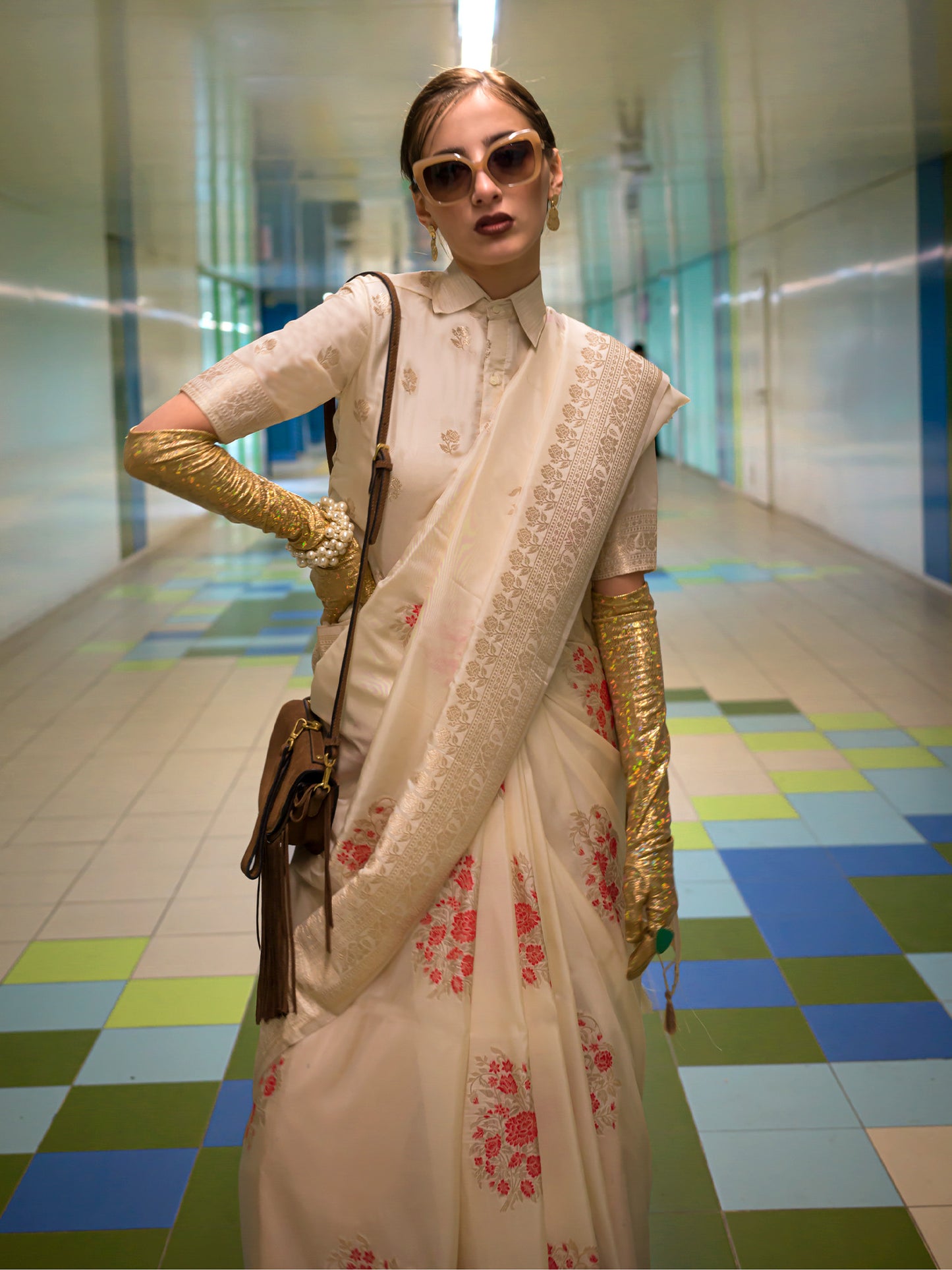 Women's Silk Blend Cream Woven Design Designer Saree With Blouse Piece