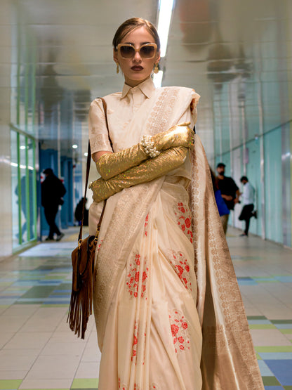 Women's Silk Blend Cream Woven Design Designer Saree With Blouse Piece