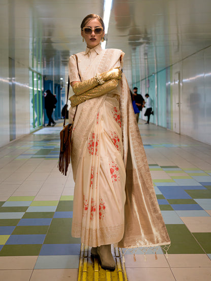 Women's Silk Blend Cream Woven Design Designer Saree With Blouse Piece