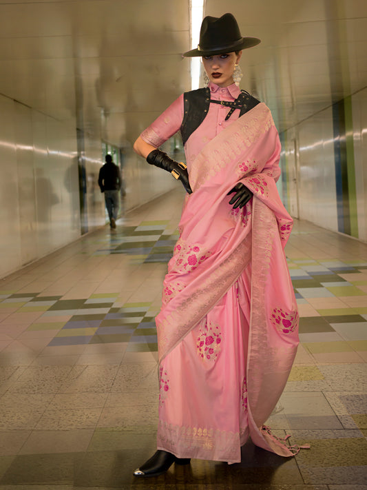 Women's Silk Blend Pink Woven Design Designer Saree With Blouse Piece