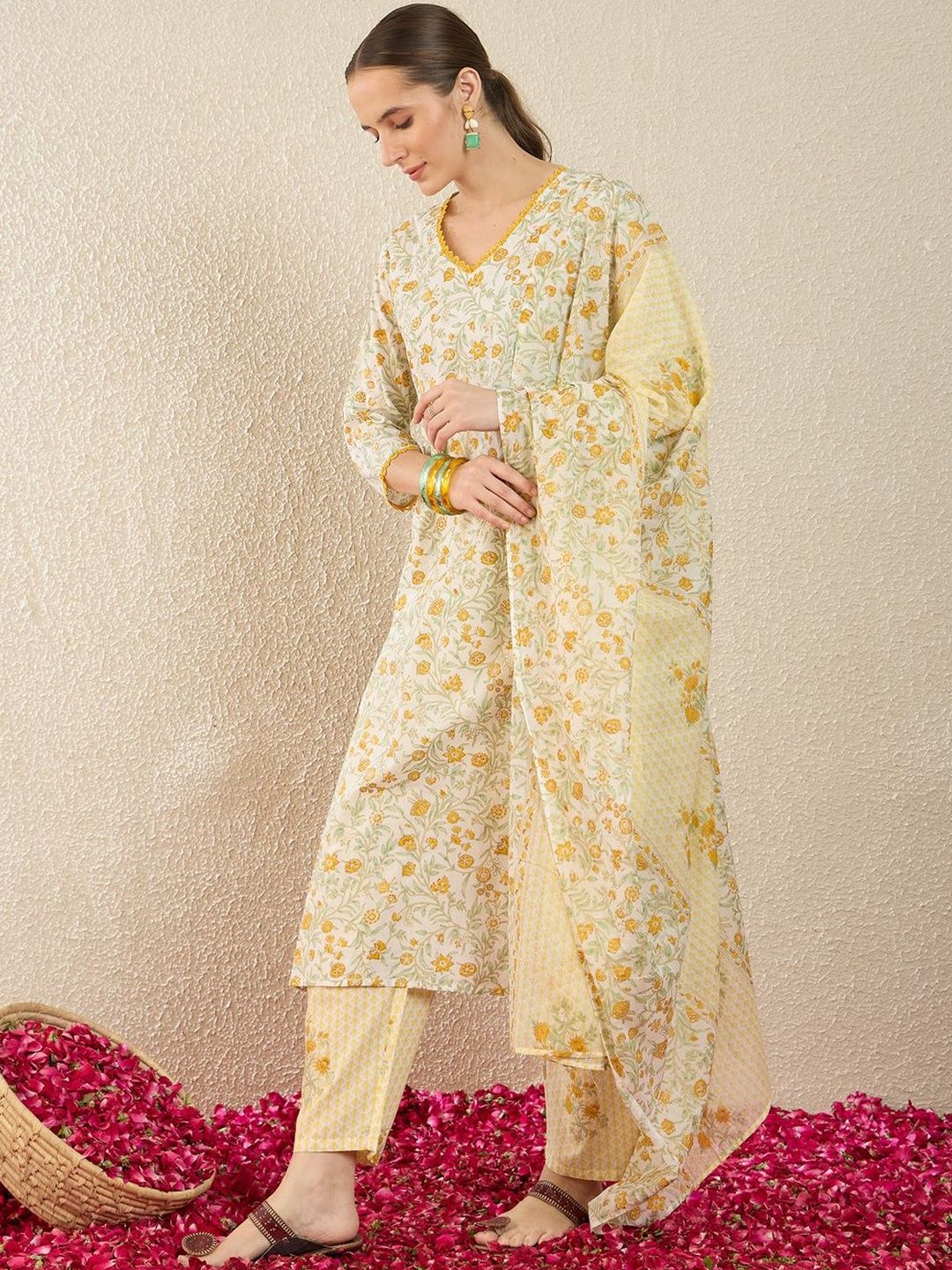 Floral Printed V-Neck Regular Pure Cotton Straight Kurta With Trousers & Dupatta