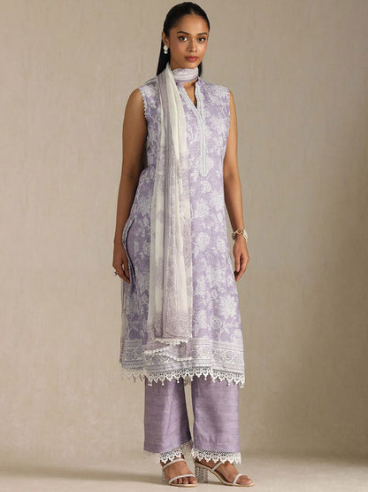 Dhiyona SO Women's Women Printed Regular Beads and Stones Linen Kurta with Palazzos & With Dupatta