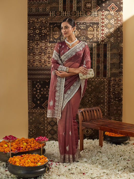 Dhiyona KS Women's Embellished Beads and Stones Supernet Designer Saree