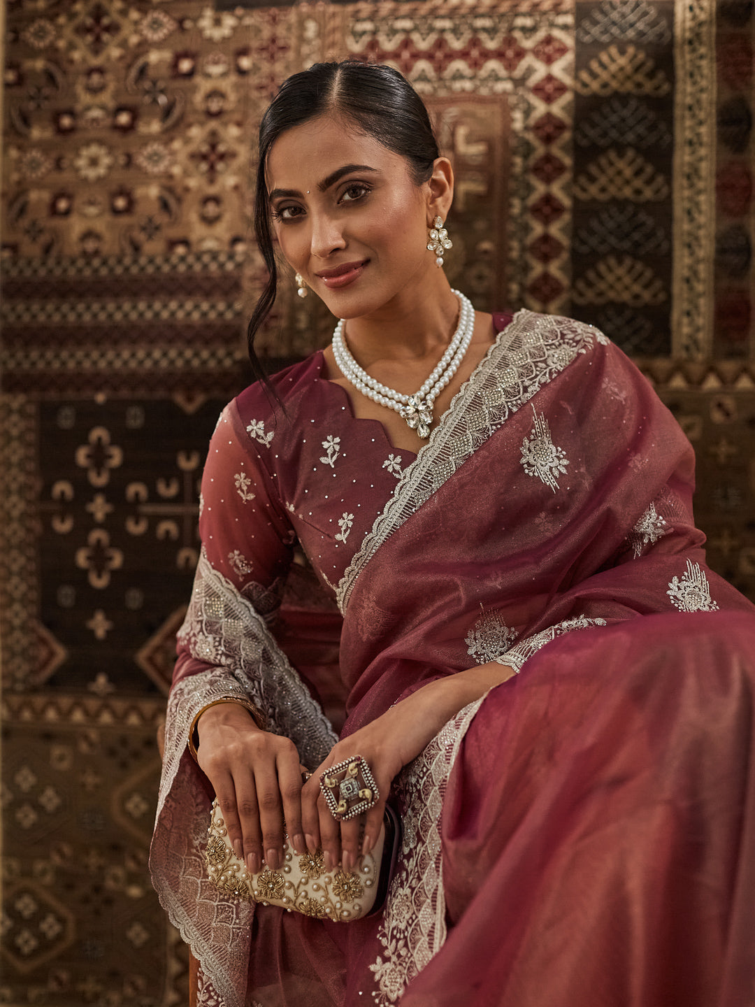 Dhiyona KS Women's Embellished Beads and Stones Supernet Designer Saree