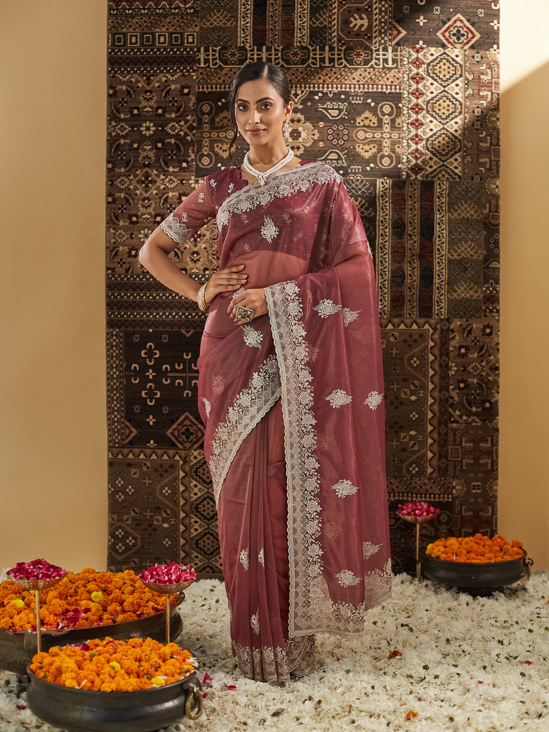 Dhiyona KS Women's Embellished Beads and Stones Supernet Designer Saree