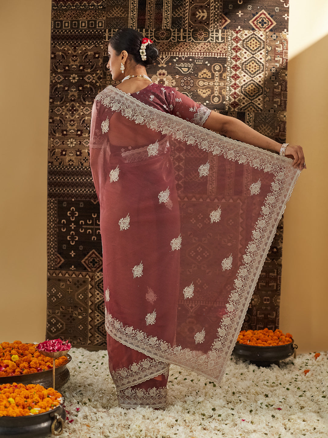 Dhiyona KS Women's Embellished Beads and Stones Supernet Designer Saree