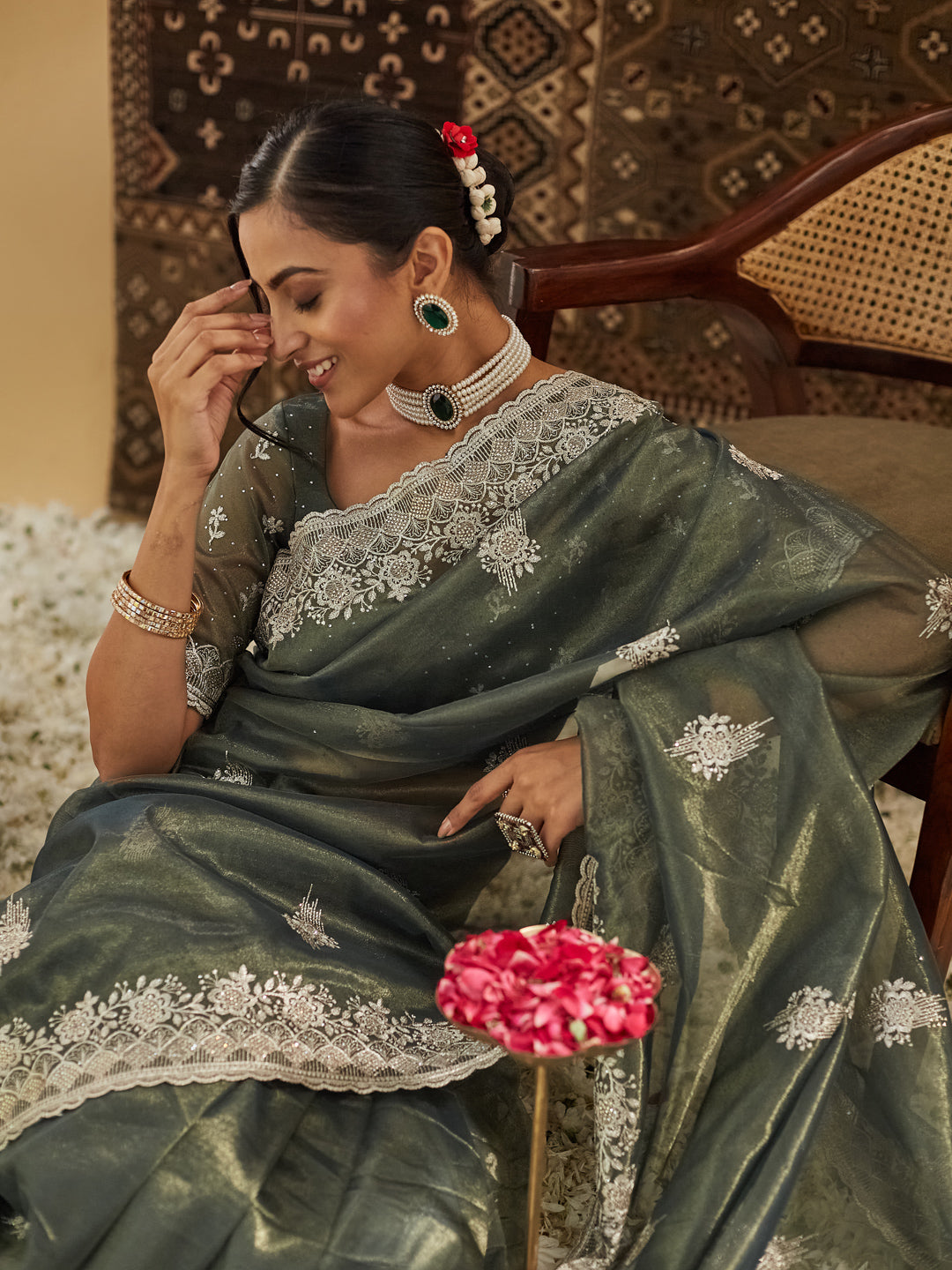Dhiyona KS Women's Embellished Beads and Stones Supernet Saree