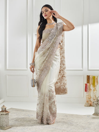 Dhiyona KS Women's Floral Embellished Beads and Stones Net Saree