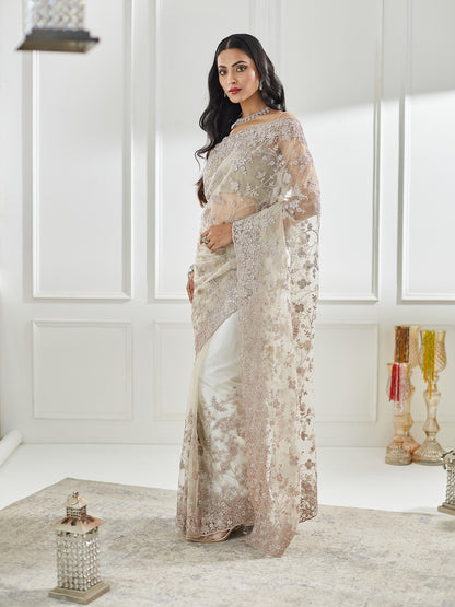 Dhiyona KS Women's Floral Embellished Beads and Stones Net Saree