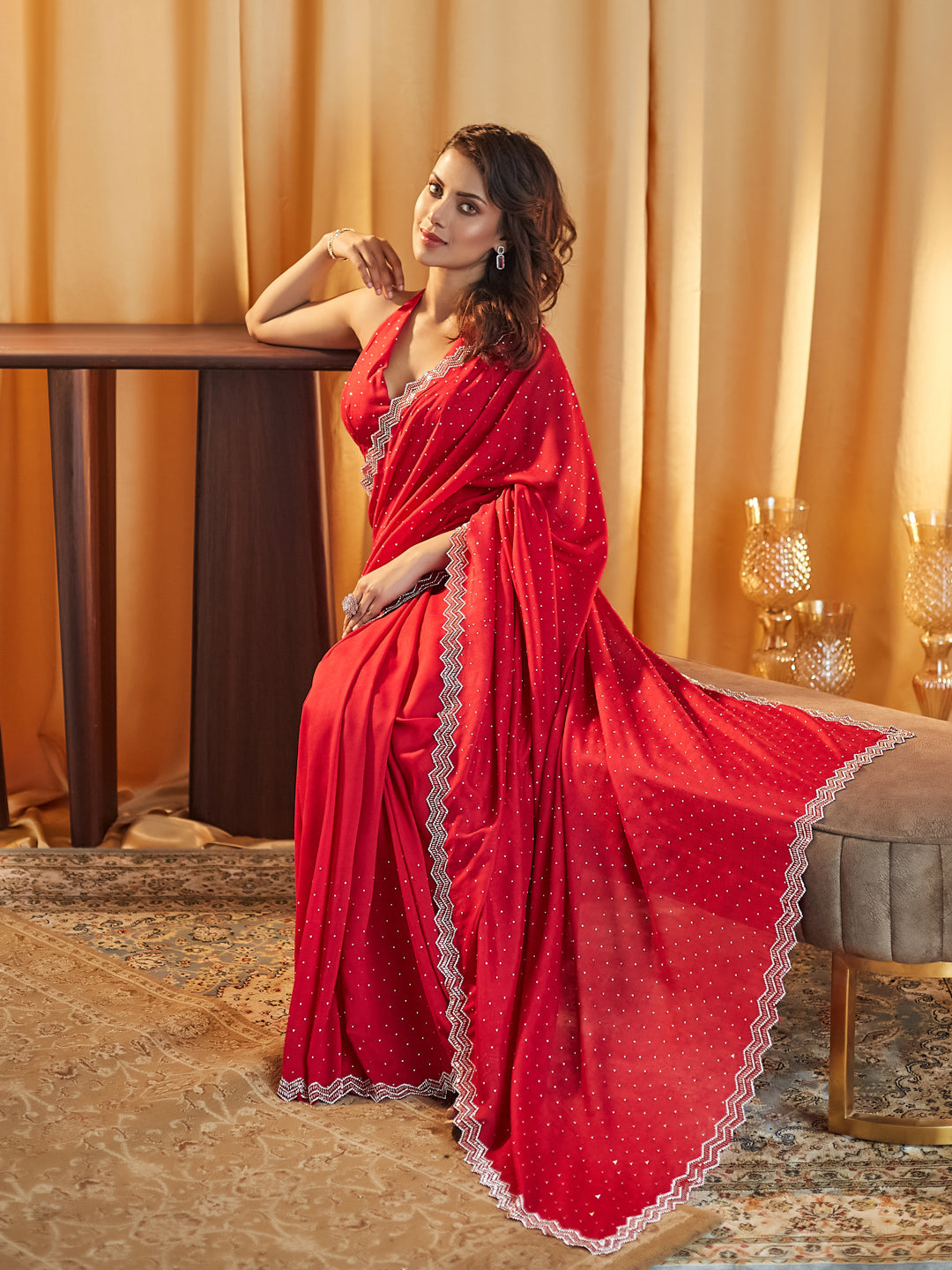 Dhiyona KS Women's Embellished Beads and Stones Silk Blend Saree