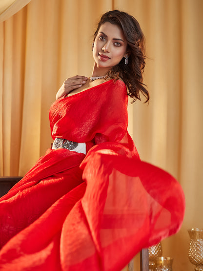 Dhiyona KS Women's women red solid silk saree