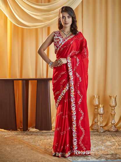 Dhiyona KS Women's Ethnic Motifs Kutchi Embroidery Pure Silk Saree