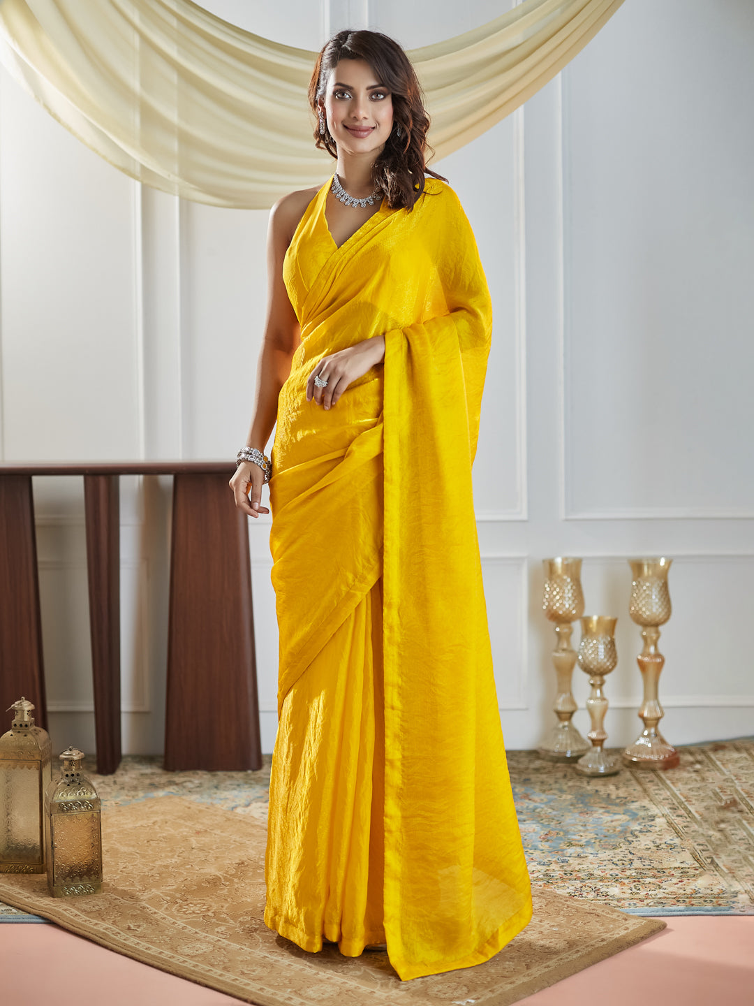 Dhiyona KS Women's women yellow solid silk saree