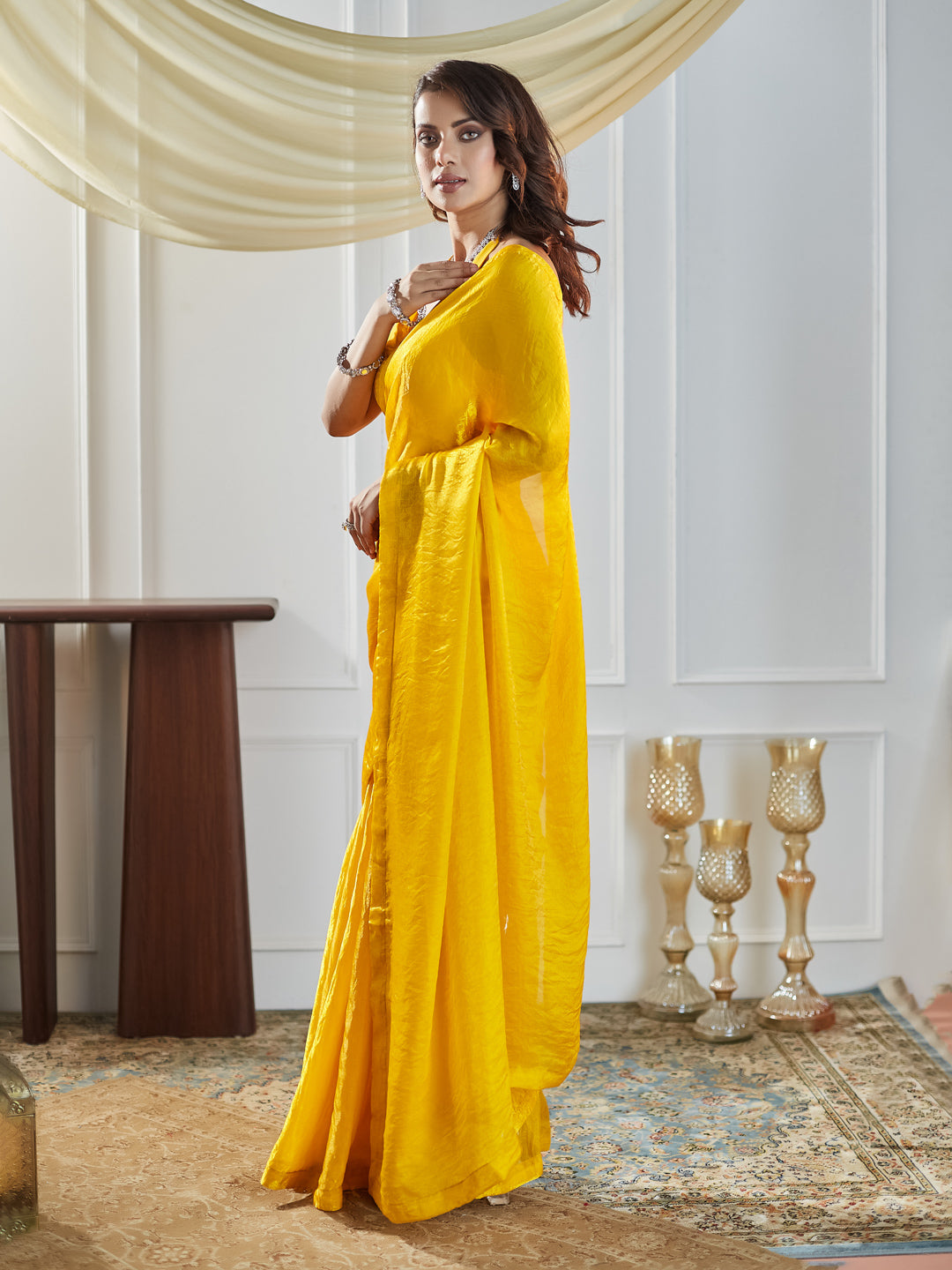 Dhiyona KS Women's women yellow solid silk saree