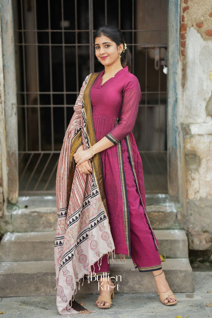 Dhiyona BN Kasturi Handloom Maroon  Three-Quarter sleeves Kurta Set