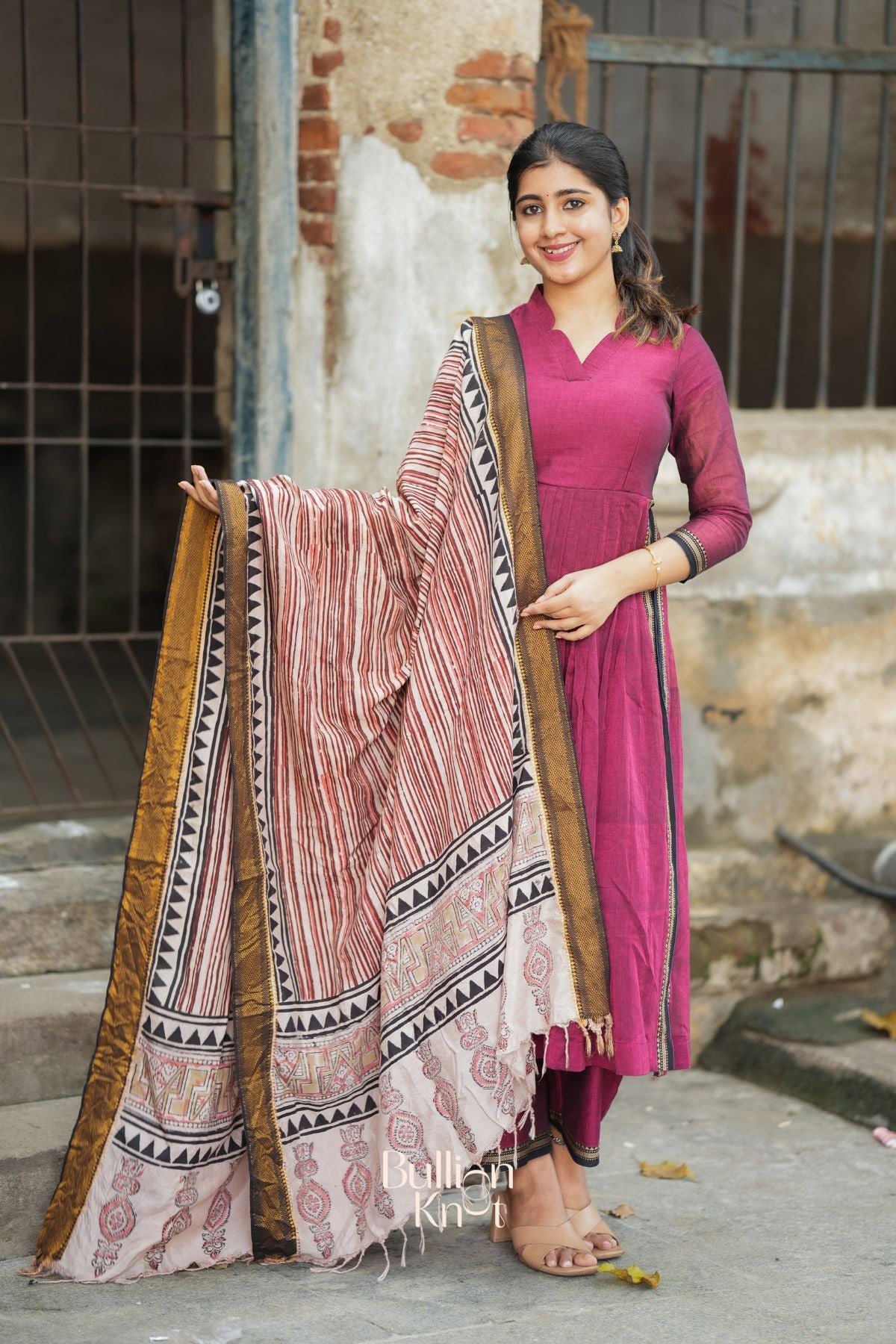 Dhiyona BN Kasturi Handloom Maroon  Three-Quarter sleeves Kurta Set