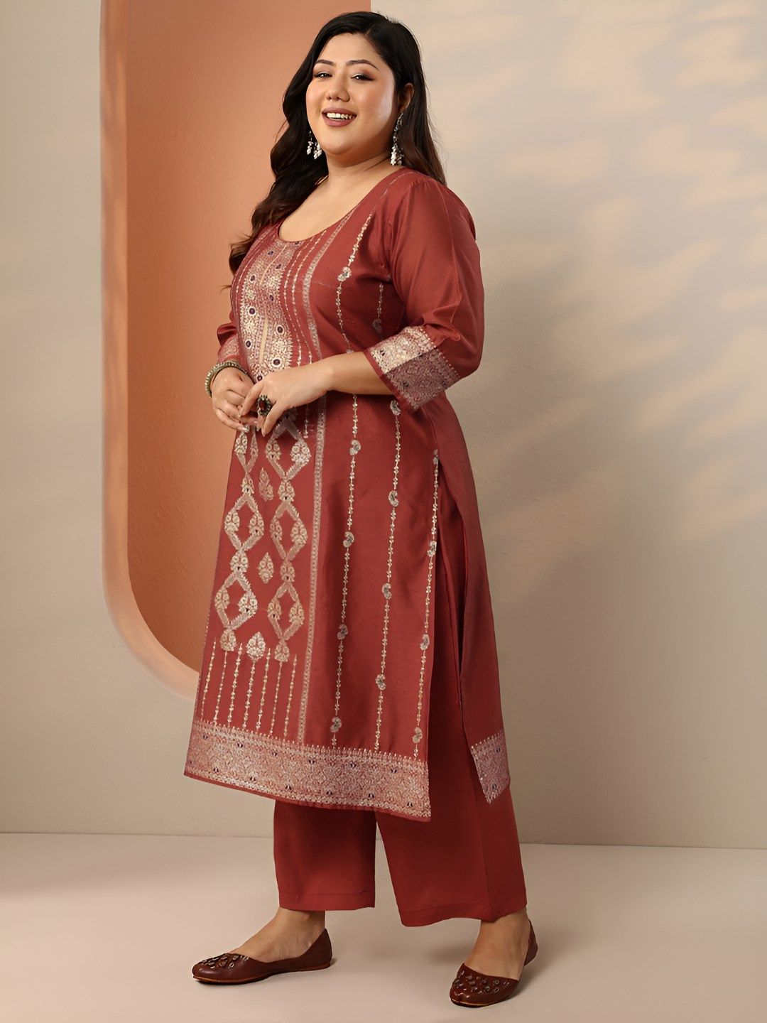 Dhiyona Women's Plus Size Ethnic Motifs Embroidered Kurta with Trousers & Dupatta