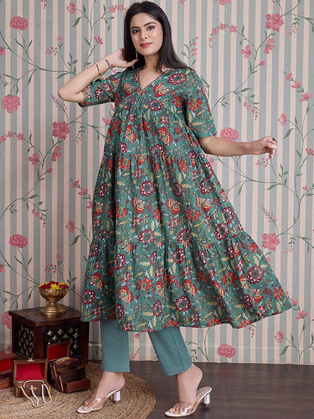 Dhiyona OD  Floral Printed Pure Cotton Anarkali Kurta with Trousers