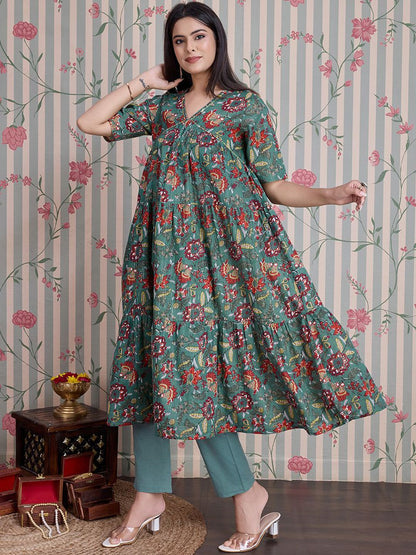 Dhiyona OD  Floral Printed Pure Cotton Anarkali Kurta with Trousers