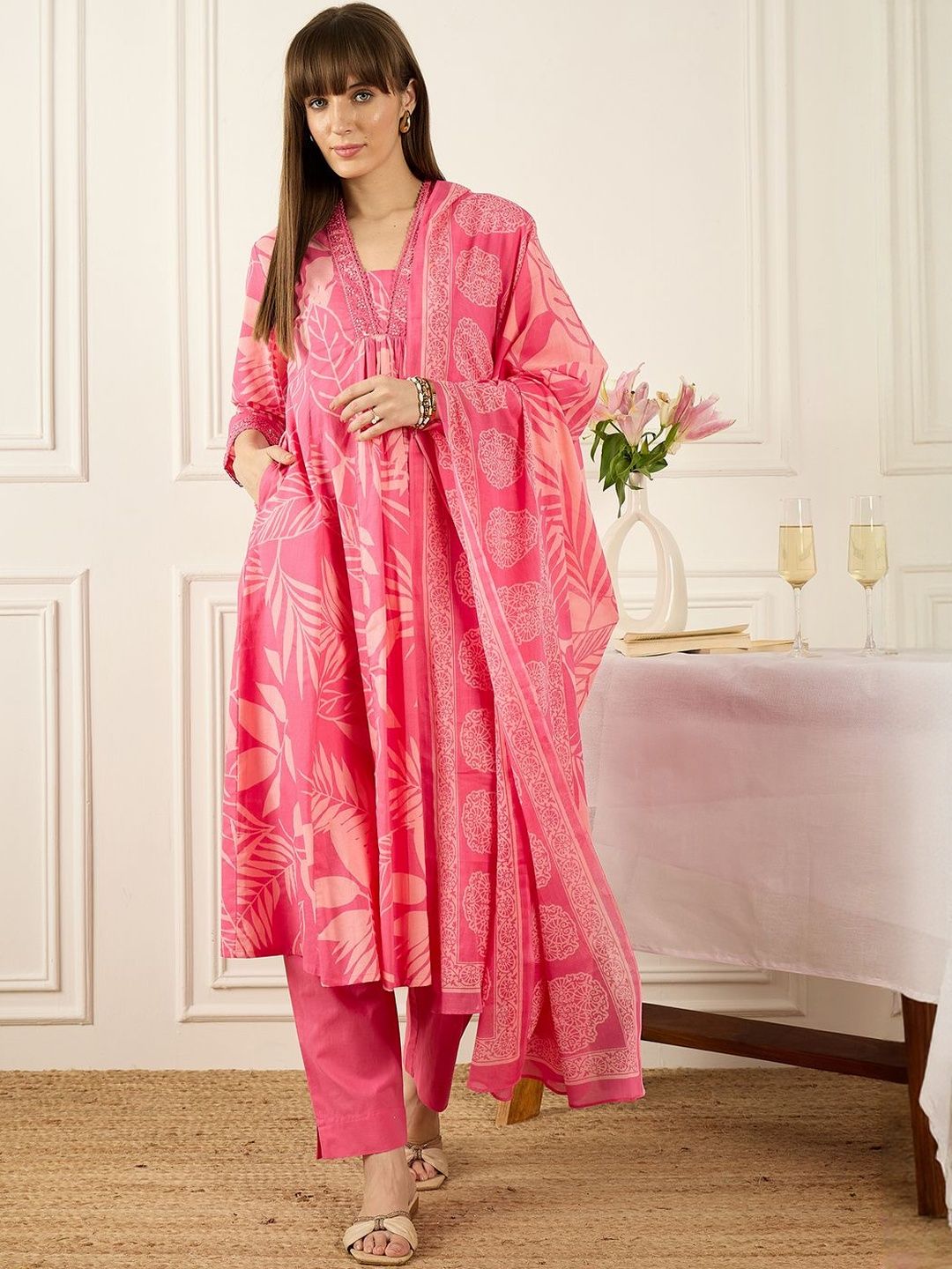 Floral Printed Thread Work Pure Cotton Kurta With Palazzos & Dupatta
