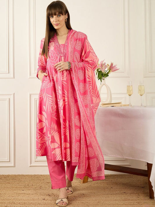Floral Printed Thread Work Pure Cotton Kurta With Palazzos & Dupatta
