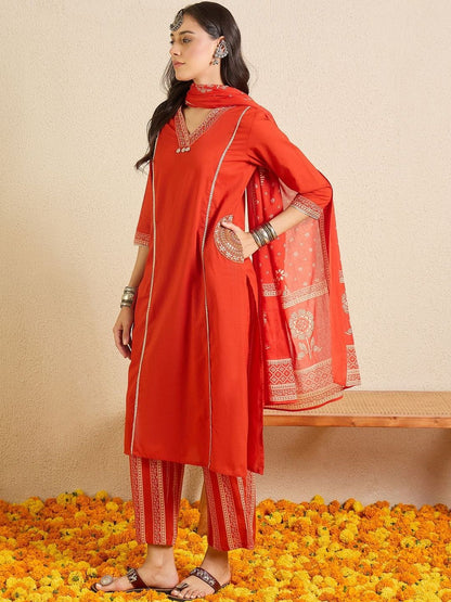 Women Ethnic Motifs Regular Thread Work Pure Cotton Kurta with Trousers & With Dupatta