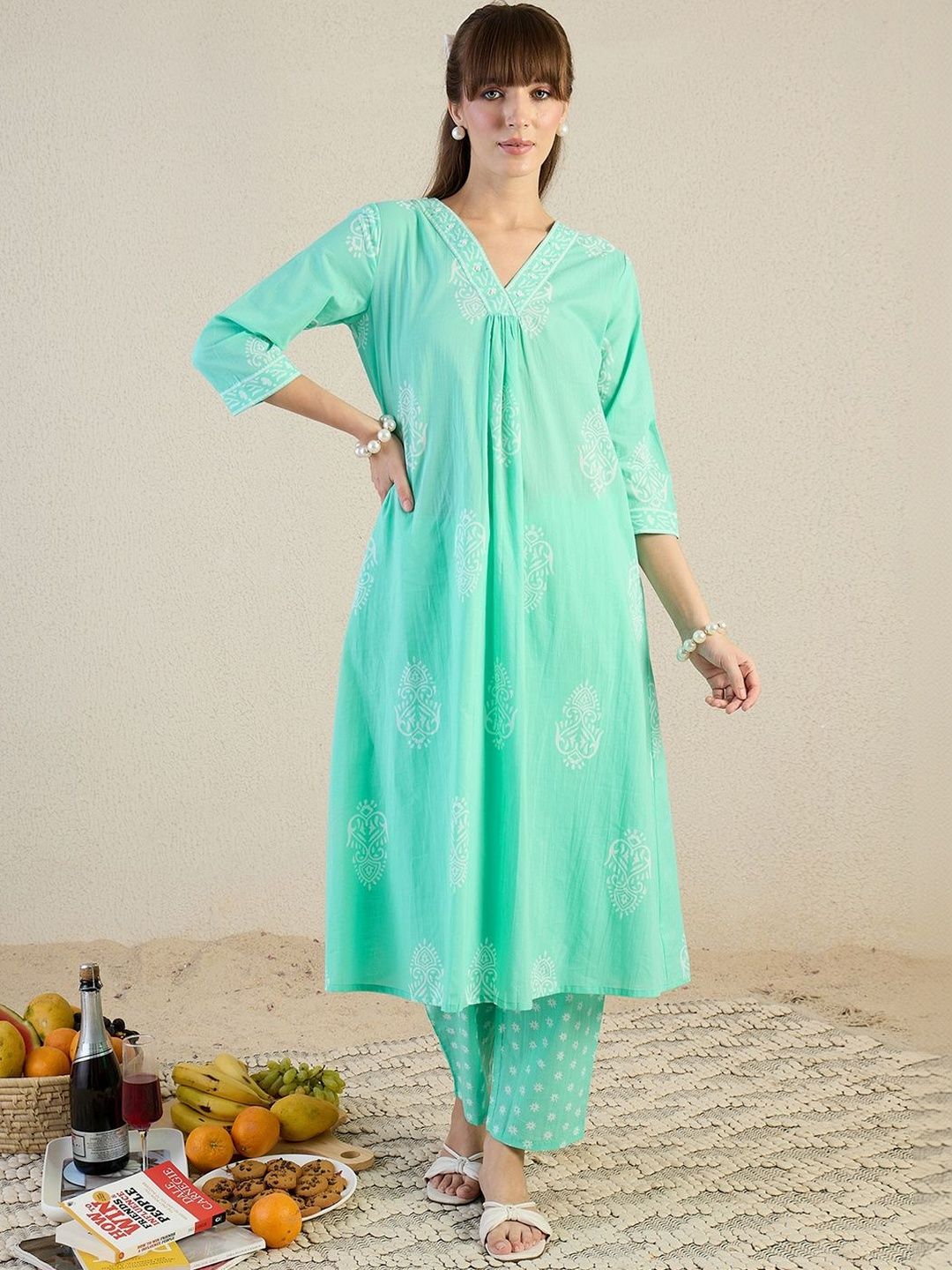Women Ethnic Motifs Printed Regular Thread Work Pure Cotton Kurta with Trousers & With Dupatta