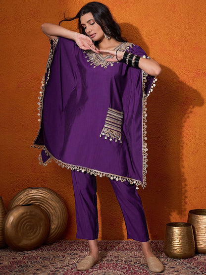 Dhiyona SN Women's Ethnic Motifs Yoke Design Embroidered Kaftan Kurta & Trousers