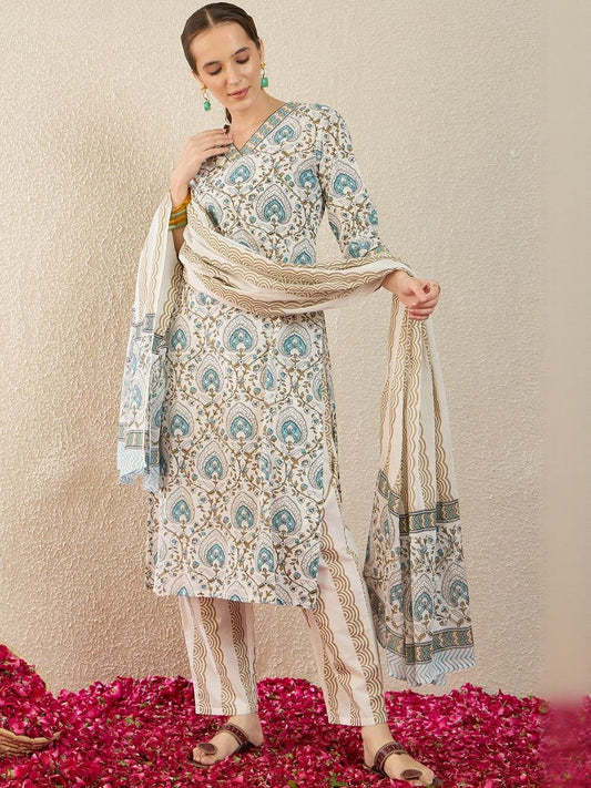 Women Ethnic Motifs Printed Regular Pure Cotton Kurta with Trousers & With Dupatta